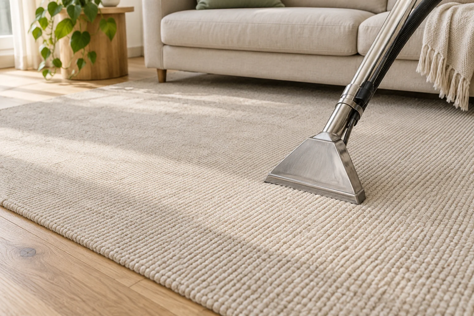 Екстракторно почистване на килим в светъл хол